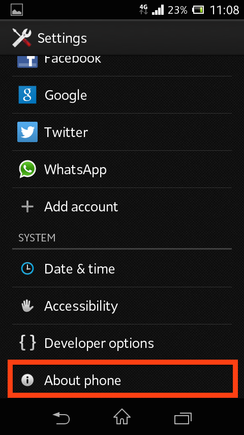 the settings menu screen on an android with a black background and a red box highlighting the About Phone option