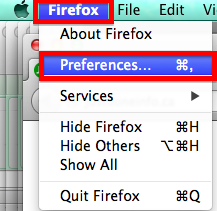 the Firefox menu on a mac with Preferences option highlighted